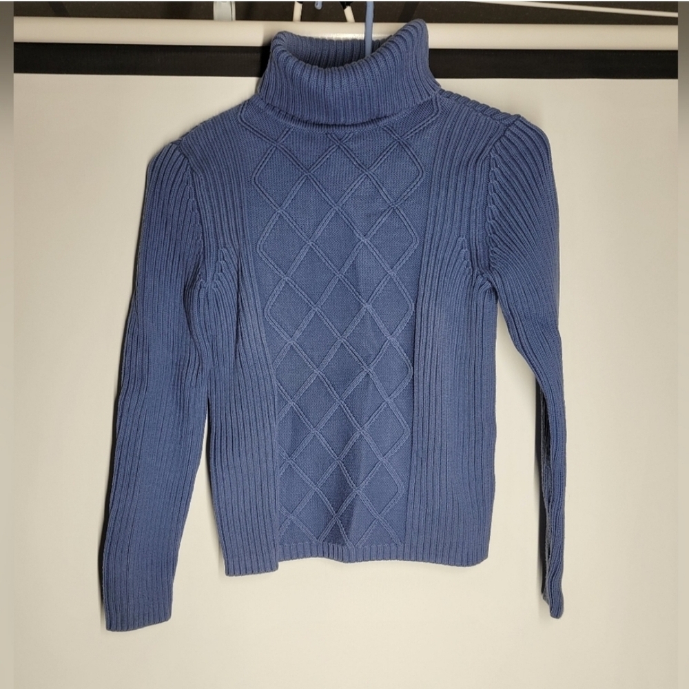 Petite Sophisticate Blue Cable Knit Turtleneck Sweater